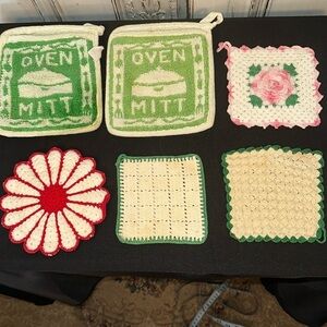 Lot of Vintage Potholders Crocheted and Teri Cloth 6 Pieces